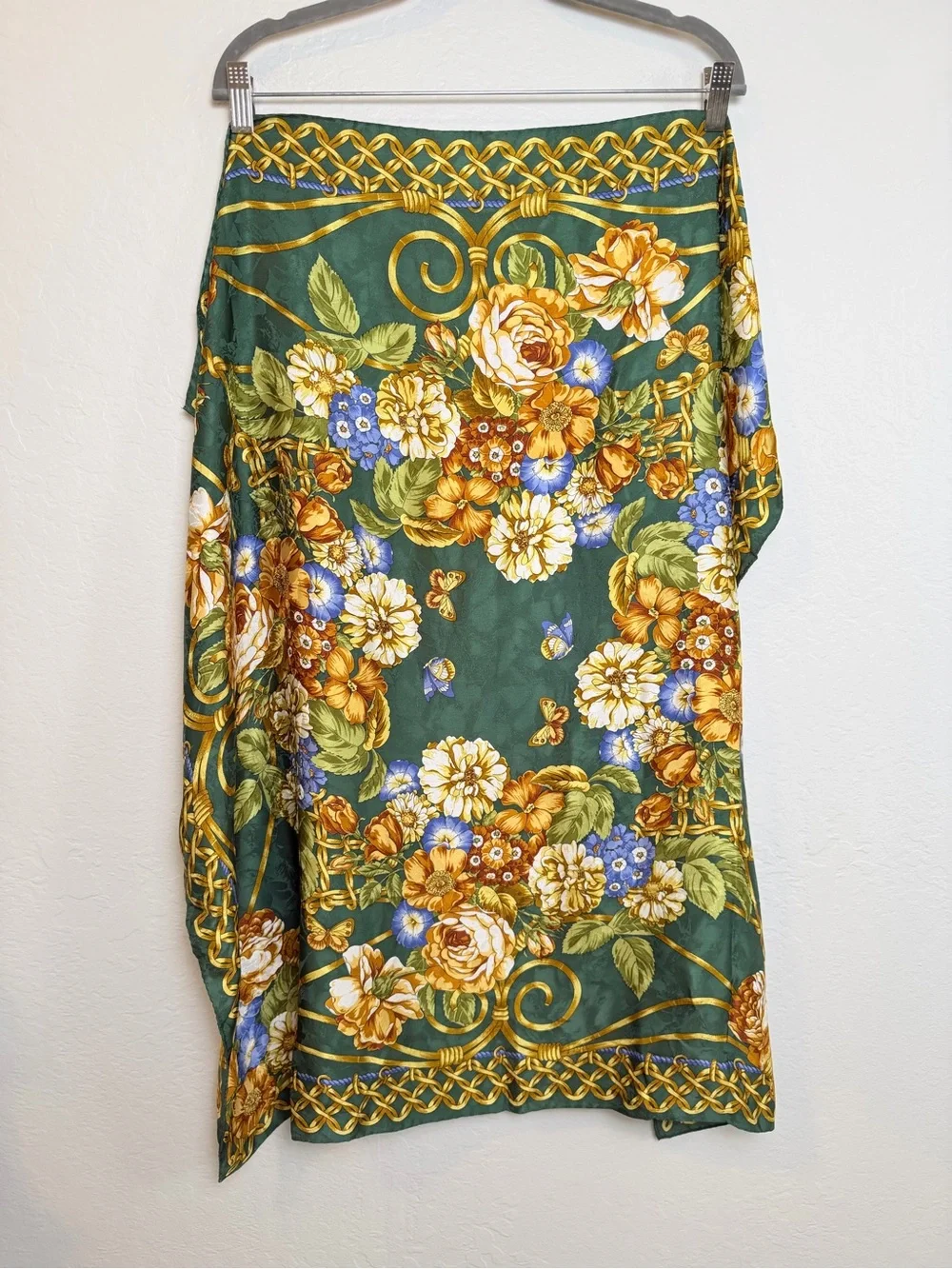 Vintage ELF Silk Floral Scarf Green Gold & Purple Chain Motif Wrap Neck Head